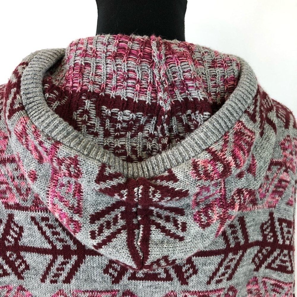 American Eagle Tribal Baja Hoodie Sweater Pullover Boxy Cotton Gray Red XL Boho - Picture 5 of 7